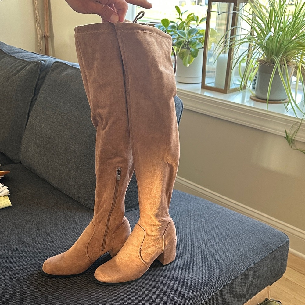 Over-the-Knee Suede Boots in Tan - Classic Block Heel
